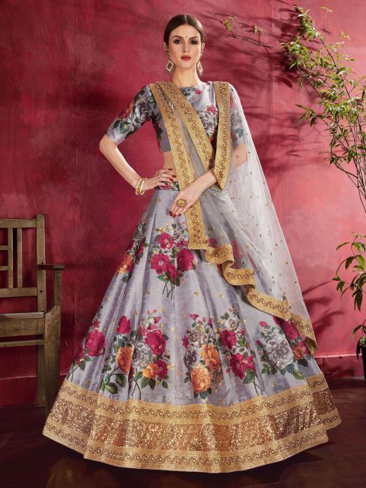 Grey Floral Printed Banglori Silk Bridal Lehenga Choli With Dupatta 