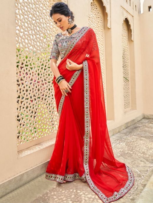 Marvelous Red Fancy Embroidery Georgette Party Wear Saree