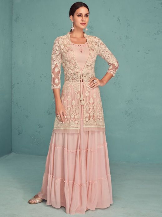 Awesome Peach Georgette Ready-Made Crop Top Lehenga With Jacket