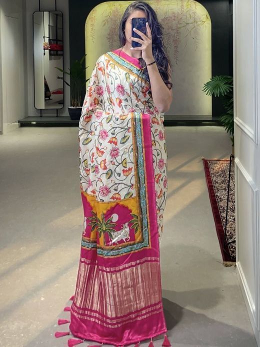 Outstanding White Pichwai Print Gajji silk Marriage Wear Saree With Blouse