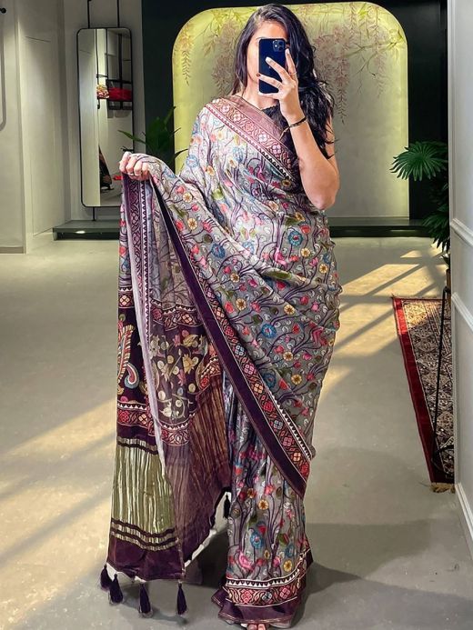 Beauteous Grey Madhubani Printed Gajji Silk Marriage Wear Saree With Blouse