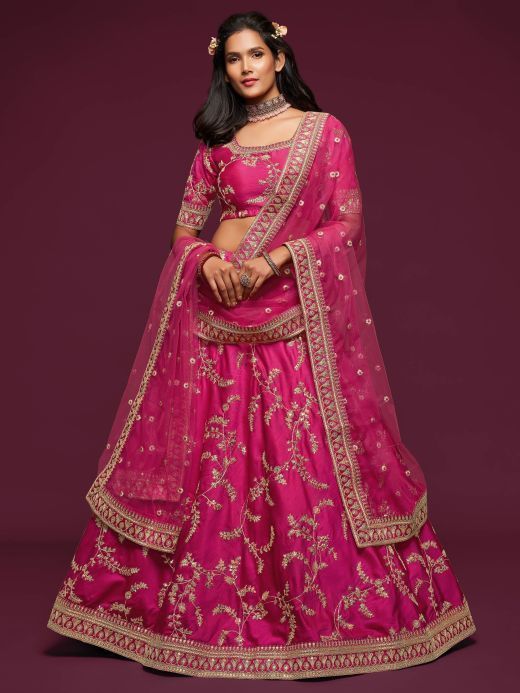 Pink Thread Embroidery Art Silk Wedding Wear Lehenga Choli