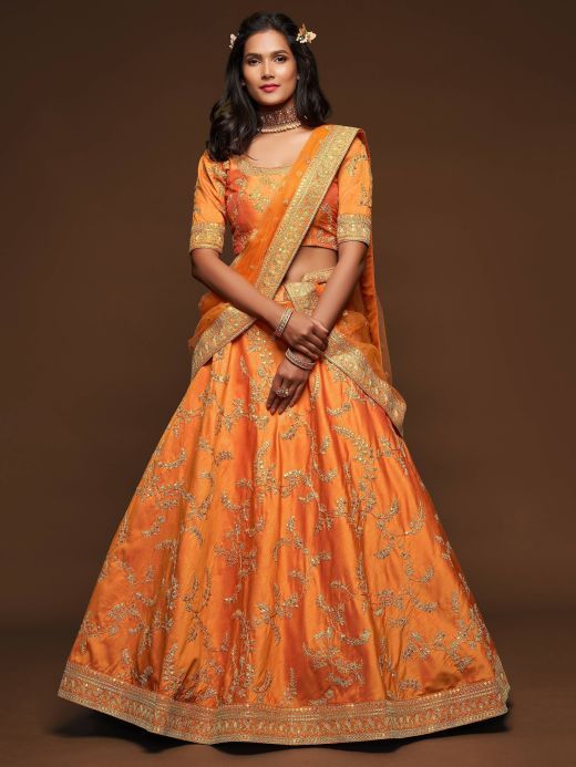 Orange Thread Embroidery Art Silk Wedding Wear Lehenga Choli