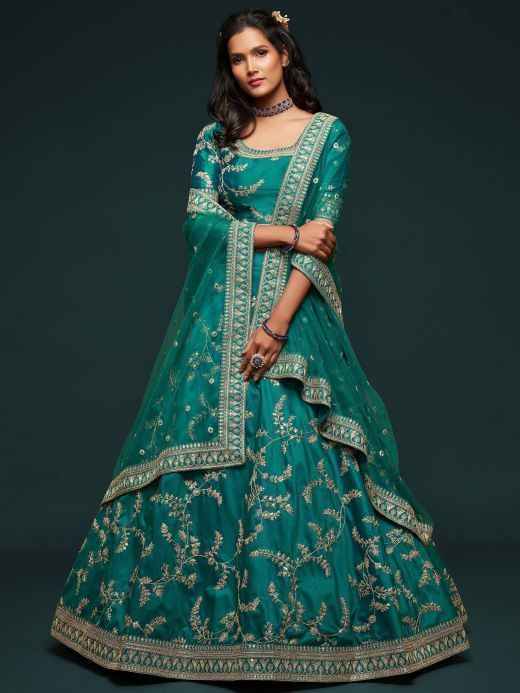 Green Thread Embroidery Art Silk Wedding Wear Lehenga Choli