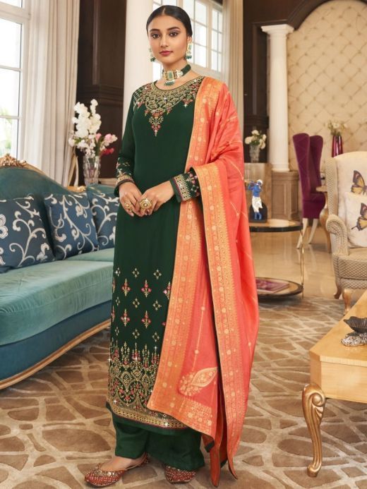 Prodigious Green Thread Embroidered Georgette Palazzo Suit