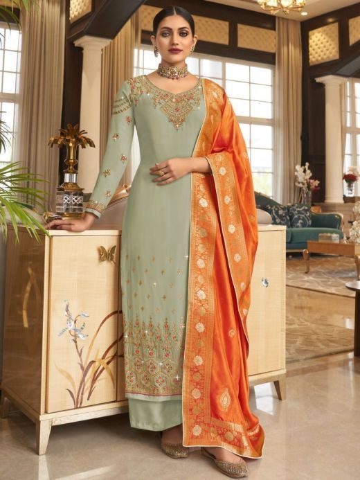 Fabulous Sage Green Thread Embroidered Georgette Palazzo Suit