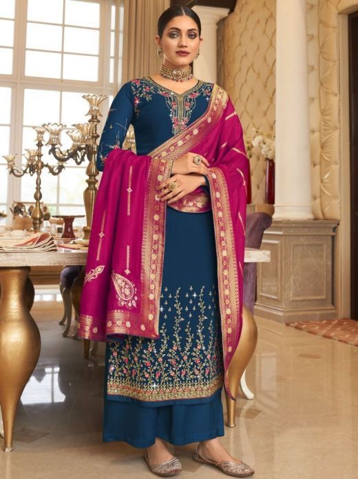 Outstanding Blue Thread Embroidered Georgette Palazzo Suit
