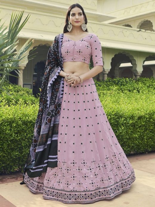 Stunning Dusty Pink Thread & Sequins Work Georgette Lehenga With Printed Dupatta