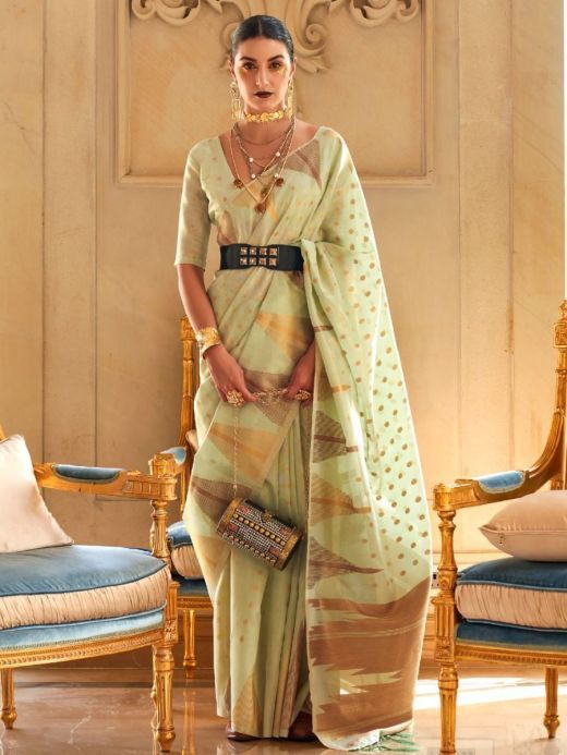 Attractive Pista-Green Tissue Zari Weaving Saree