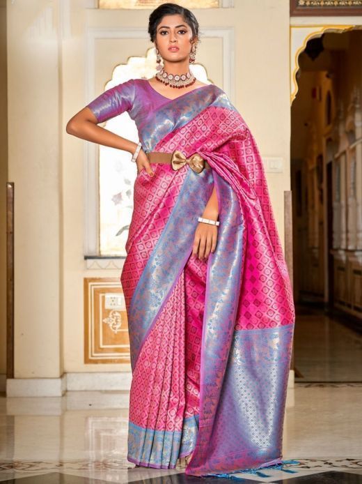 Amazing Pink-Blue Banarasi Silk Saree With Blouse