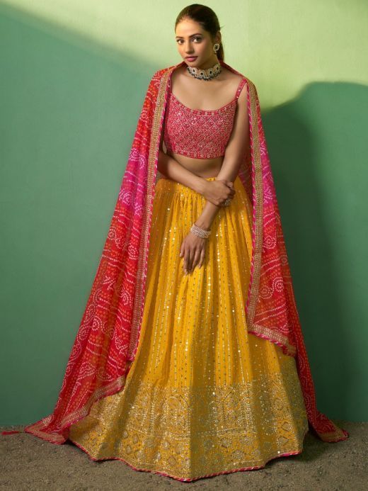 Alluring Yellow Sequins Georgette Haldi Wear Lehenga Choli With Dupatta 