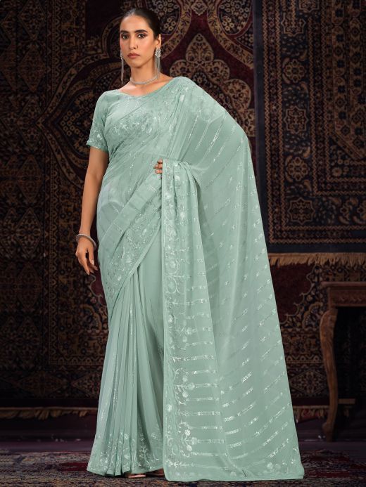 Precious Sea Green Sequins Georgette Party Wear Saree With Blouse