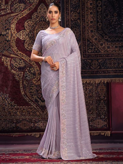 Beautiful Lavender Sequins Georgette Party Wear Saree With Blouse