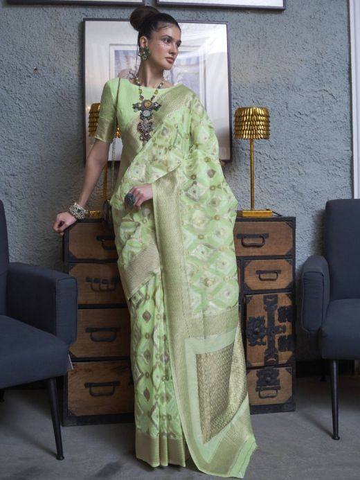 Stunning Green Zari Woven Linen Festival Wear Saree With Blouse 