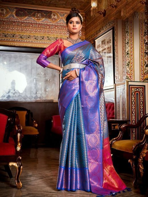 Fabulous Blue-Red Weaving Banarasi Traditional Saree