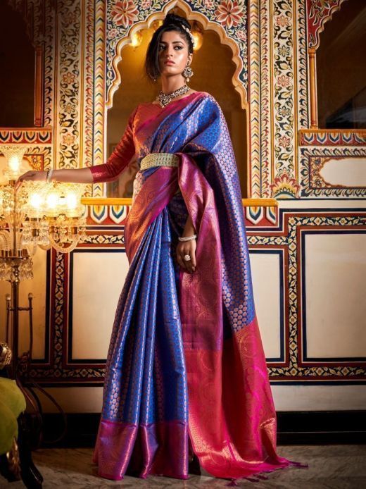 Astounding Blue-Pink Weaving Banarasi engagement Saree
