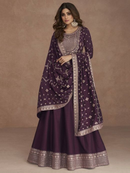 Glamorous Wine Color Zari Embroidered Silk Party Wear Gown