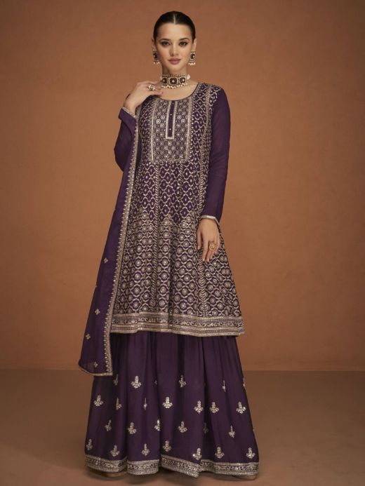 Charming Wine Zari Embroidery Chinon Party Wear Sharara Suit