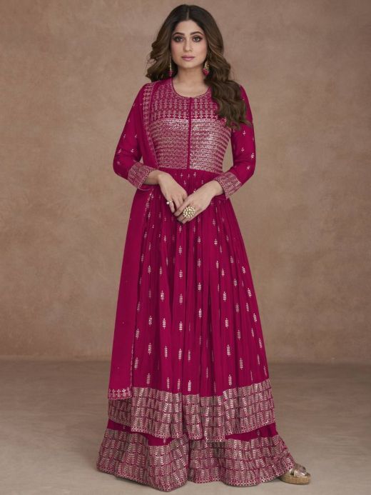 Alluring Pink Zari Embroidred Georgette Festival Wear Palazzo Suit