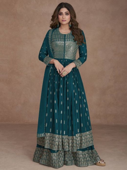 Beauteous Turquoise Sequined Georgette Party Wear Palazzo Suit