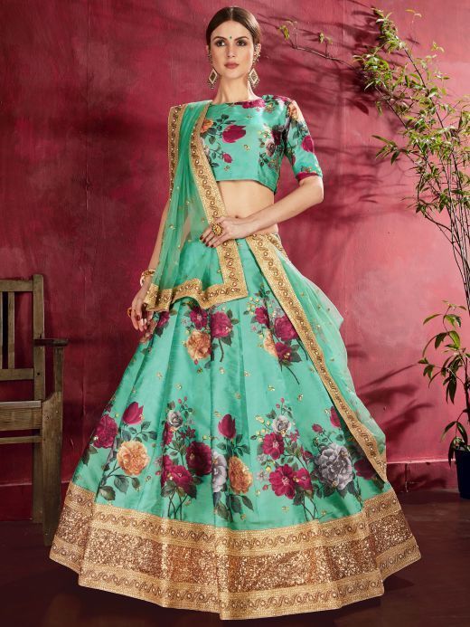  Green Floral Printed Banglori Silk Bridal Lehenga Choli With Dupatta 