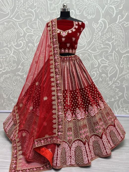 Twirling Red Thread Embroderied Velvet Bridal Wear Lehenga Choli