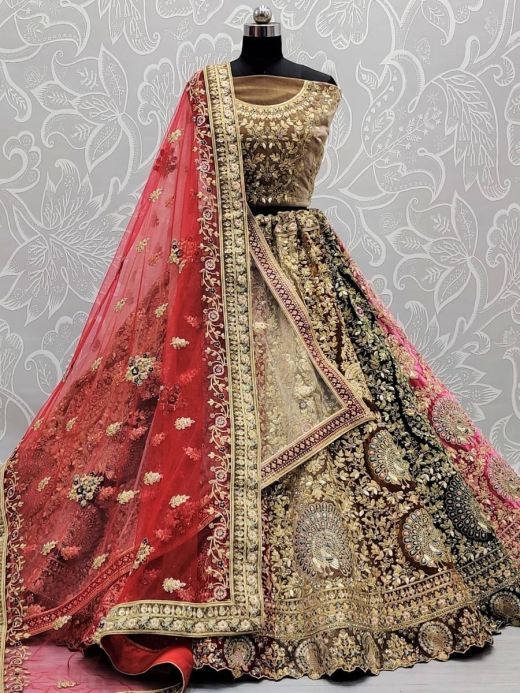 Charismatic Multi-colored Zari Embroidered Velvet Bridal Wear Lehenga Choli
