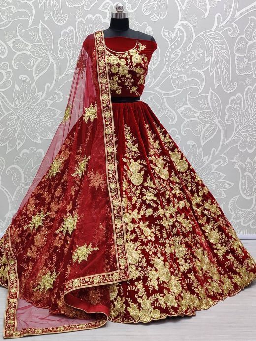 Glamorous Maroon Thread Velvet Bridal Lehenga Choli With Dupatta