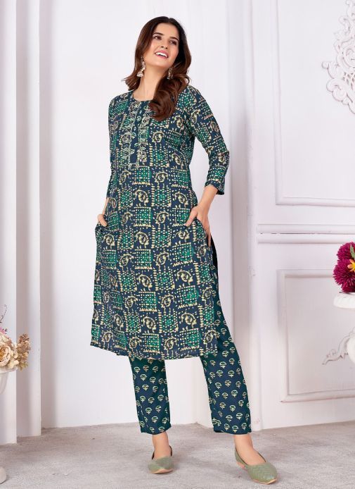 Awesome Blue Digital Printed Rayon Readymade Pant Suit