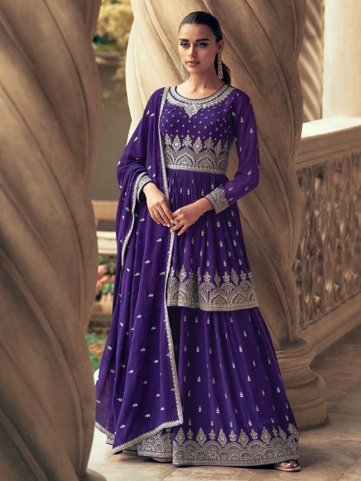 Incredible Purple Embroidered Georgette Wedding Wear Gharara Suit