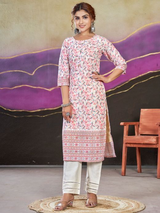 Tantalizing Off-White Floral Printed Cotton Festival Wear Kurti
