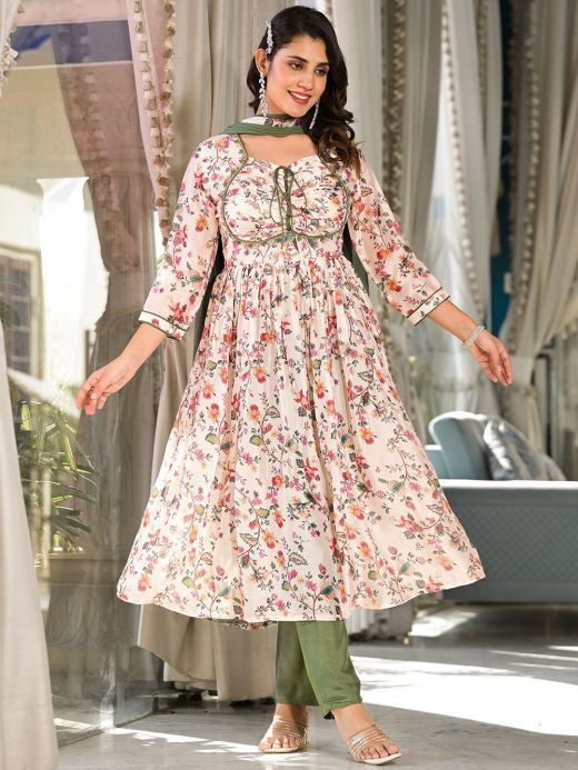 Amazing Cream Floral Printed Silk Festival Wear Pant Suit With Dupatta