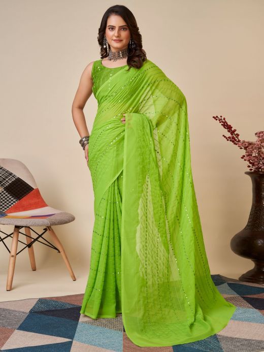 Bewitching Green Sequins Georgette Mehendi Wear Saree With Blouse