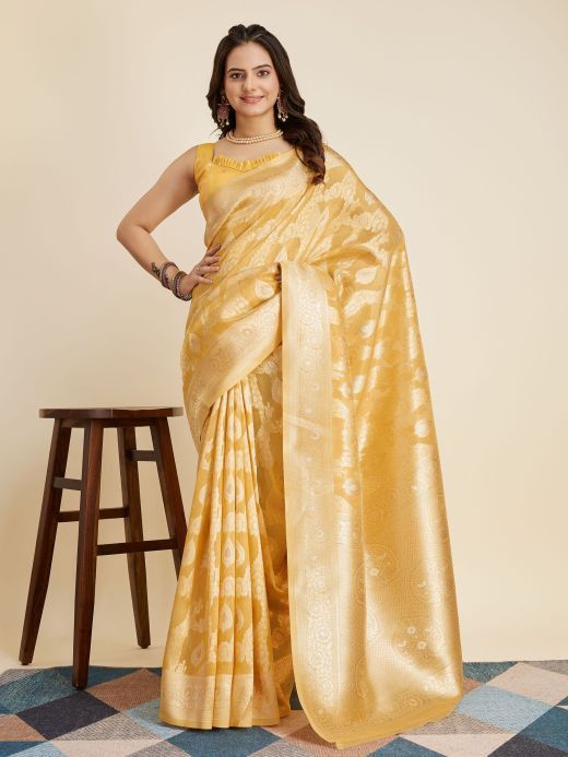 Mesmerizing Yellow Zari Weaving Banarasi Silk Festival Wear Saree