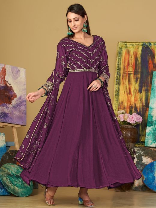 Beautiful Purple Embroidered Georgette Festival Wear Anarkali Suit 