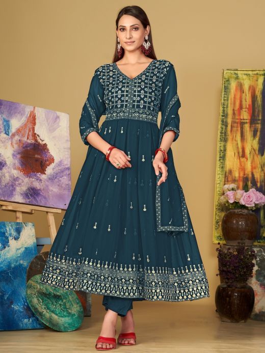 Mesmerizing Teal Blue Embroidered Georgette Anarkali Suit With Dupatta