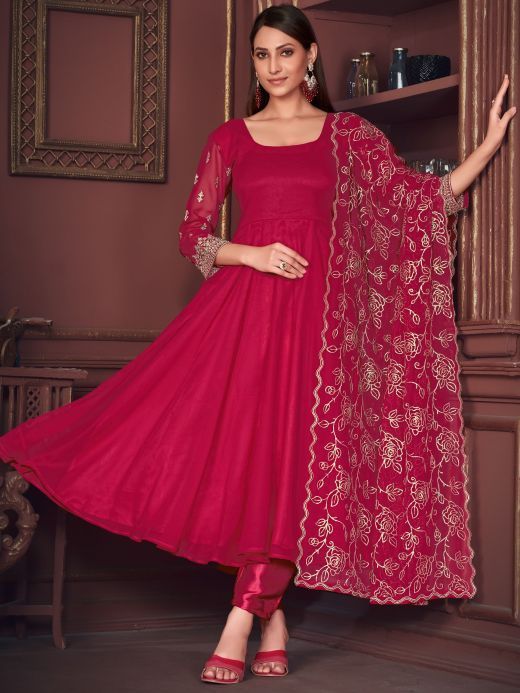 Mesmerizing Pink Embroidered Georgette Anarkali Suit With Dupatta