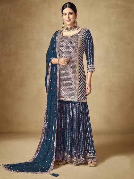 Fascinating Blue Sequins Chinon Wedding Sharara Suit With Dupattta