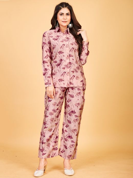Astonishing Pink Floral Printed Satin Top Pant Co-Ord Set