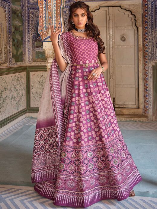 Incredible Purple Digital Printed Dola Silk Event Wear Gown With Dupatta