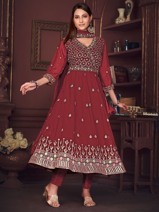 Gorgeous Maroon Embroidered Georgette Function Wear Anarkali Suit