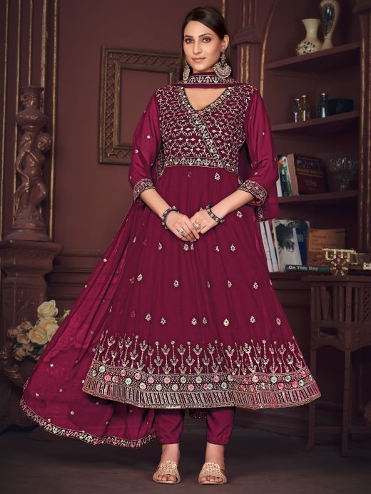 Stunning Rani Pink Sequins Georgette Anarkali Suit With Dupatta