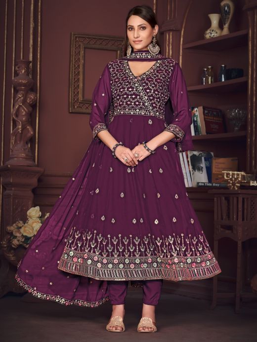 Enchanting Purple Embroidered Georgette Reception Wear Anarkali Suit