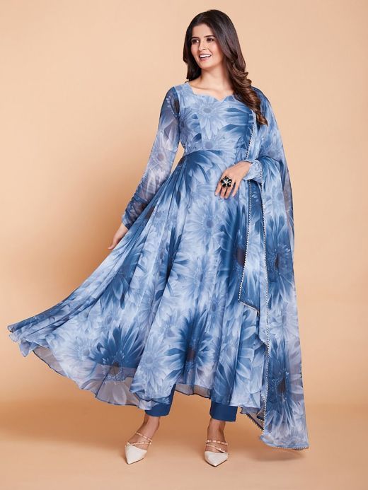 Stunning Blue Digital Print Georgette Occasion Wear Anarakali Suit