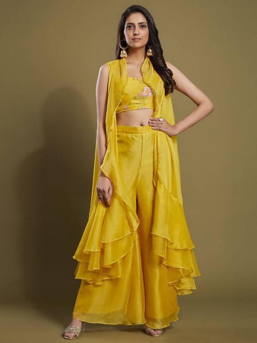 Fascinating Yellow Organza Party Wear Palazzo Top With Ruffle Jacket