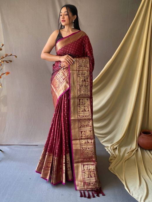 Beautiful Maroon Zari Woven Silk Reception Wear Saree With Blouse