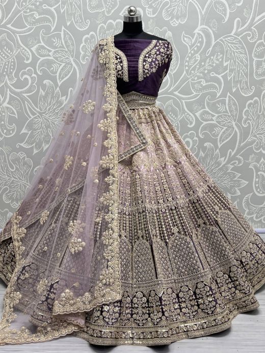 Gorgeous Purple Thread Work Velvet Lehenga Choli With Double Dupatta  