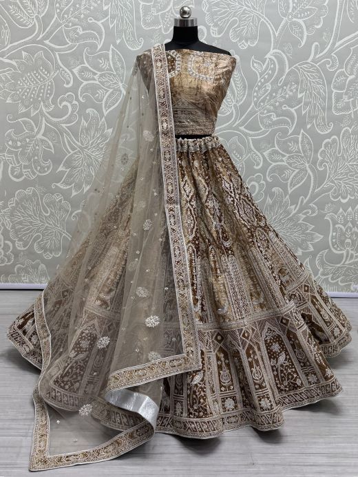 Stunning Brown Thread Work Velvet Wedding Lehenga Choli With Dupatta