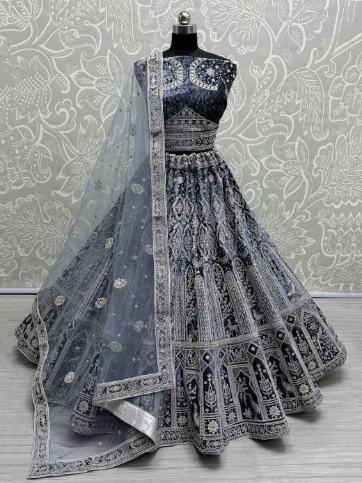 Fascinating Blue Thread Work Velvet Bridesmaid Lehenga Choli