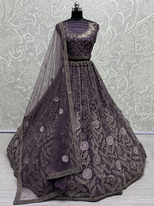 Gorgeous Purple Embroidered Net Wedding Lehenga Choli With Dupatta